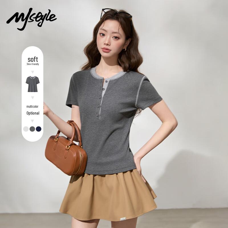 

MJ STYLE Women s Henley Colorblock Short Sleeve T-shirt S