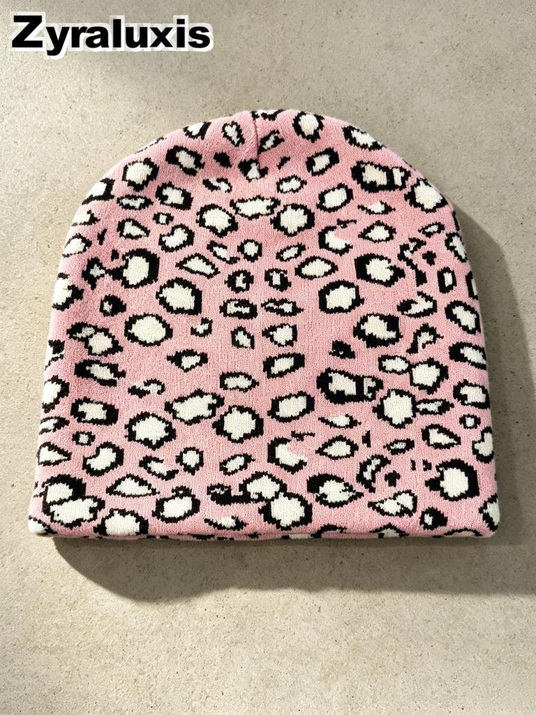 Winter Leopard Patterned Fleece Knit Warm Hats for Men and Women Outdoor Skiing Cold Caps