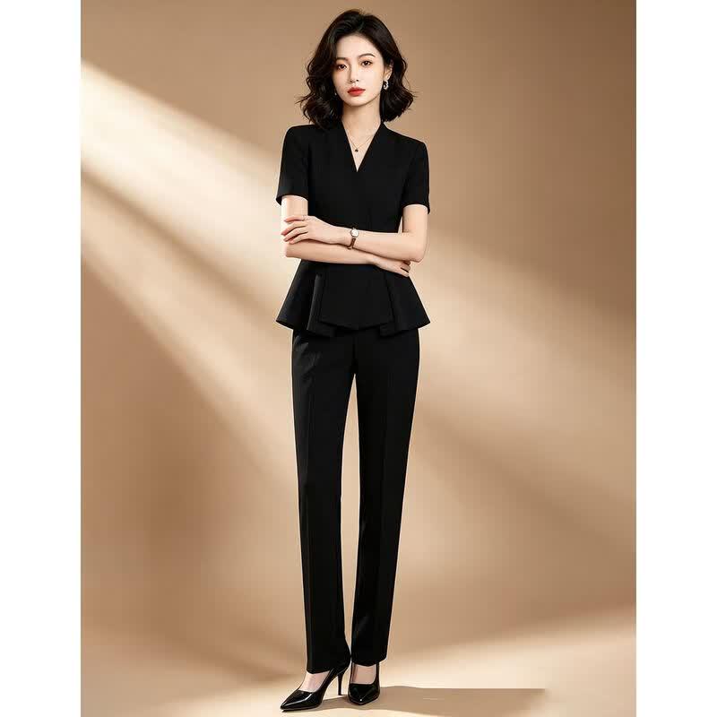 Women's V-Neck Short Sleeve Blazer & Pants Set