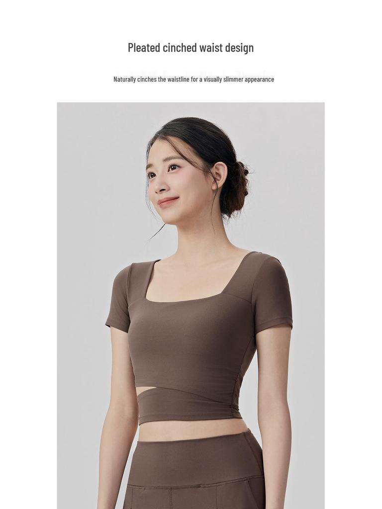 Women's Sexy Square Neck Short Sleeve Yoga Top with Chest Pads - Nude Feel Fitness and Pilates T-Shirt
