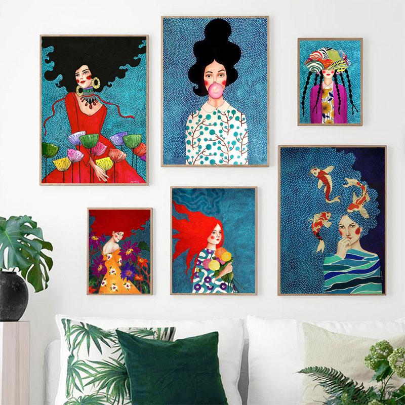 Soyut Moda Vintage Kabarcık Kız duvar sanatı tuval yağlıboya İskandinav Posterler ve Baskılar Duvar Resimleri Hediye Kız Odası Dekor için