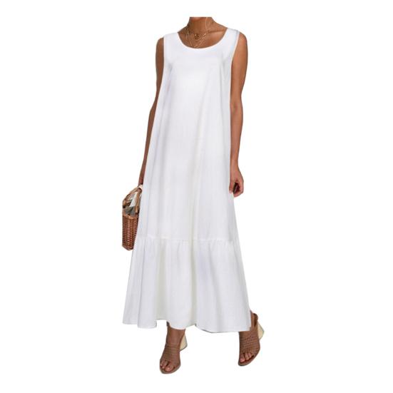 

Винтажное женское однотонное платье-майка без рукавов с круглым вырезом, плиссировкой и широким подолом свободного кроя XXL белый