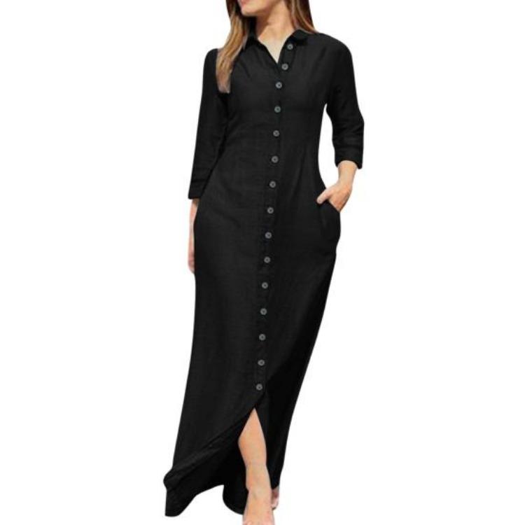 Spring Summer Women Dress Pure Color V Neck Loose Long Sleeves Lapel Split Hem Casual Ankle Length Soft Breathable Side Pockets Single-breasted