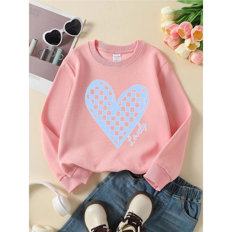 European sizes Girls' Crewneck Sweatshirt - Checkered Heart Pattern Print, Soft Comfy Sportswear for Children & Teens
