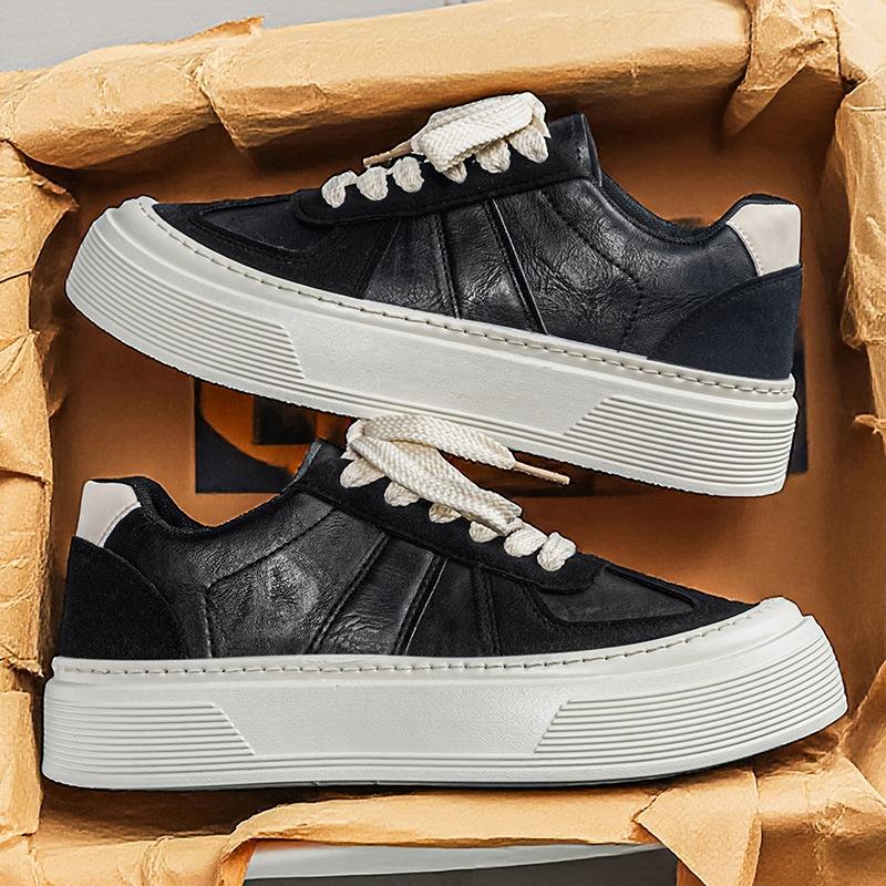 Men Leather German Trainers, Platform Height Increasing Chunky Sole Casual Skate Board Shoes