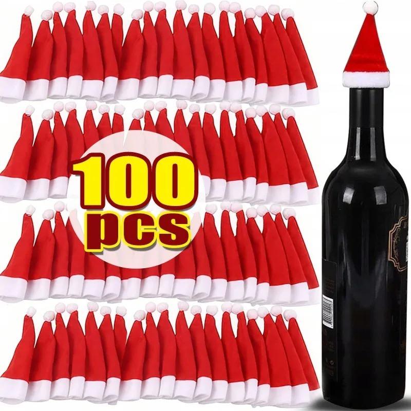 5/100pcs Mini Christmas Wine Bottle Hats Soft Velvet Santa Hats Non Woven Fabric Xmas Party Decor Table Wine Bottle Decoration