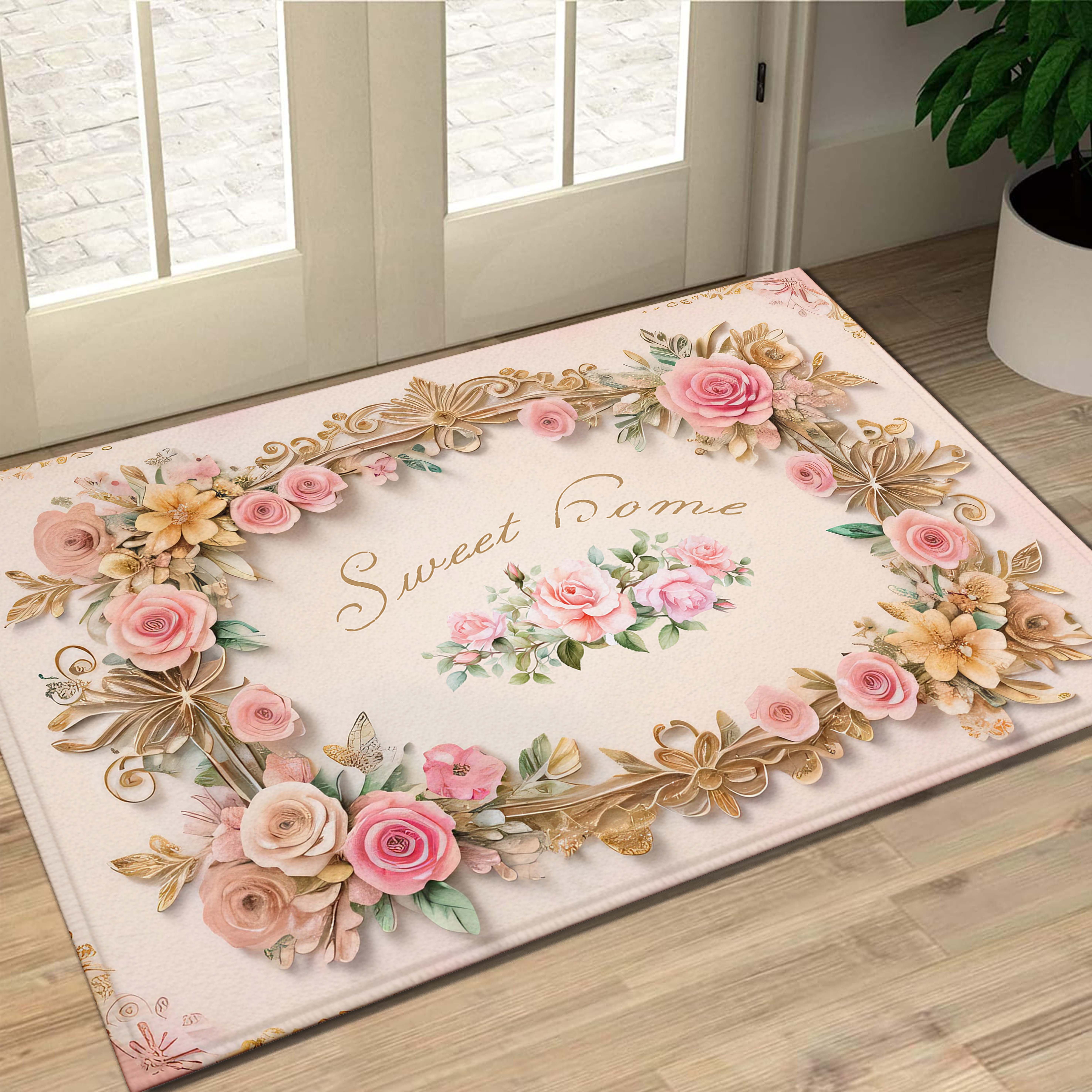 

VIKAMA Sweet Dome Floral Rug “Home Sweet Home” Script Shag Entrance Mat, Vintage Style Floor Decoration Outdoor 40X60CM (1.3X2FT