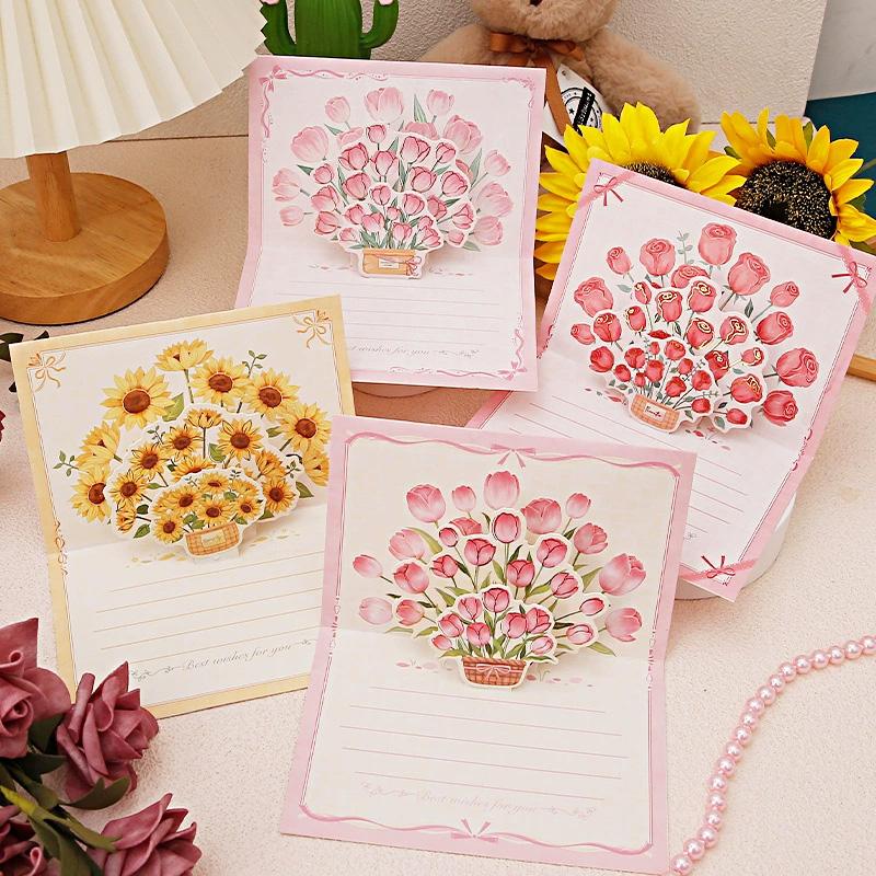 1PC Paper Postcard 3D Greeting Card Creative Roses Birthday Gift Card Sunflowers Bouquet Pop-Up Tulips