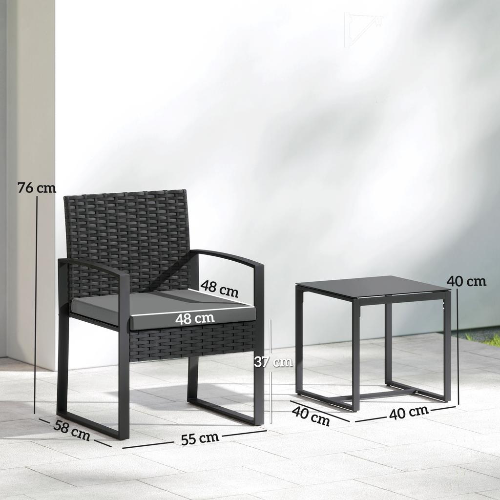 Rattan Bistro Set, 3-Piece Garden Furniture Set with 2 Garden Chairs, Coffee Table, Removable Cushions Dark Grey