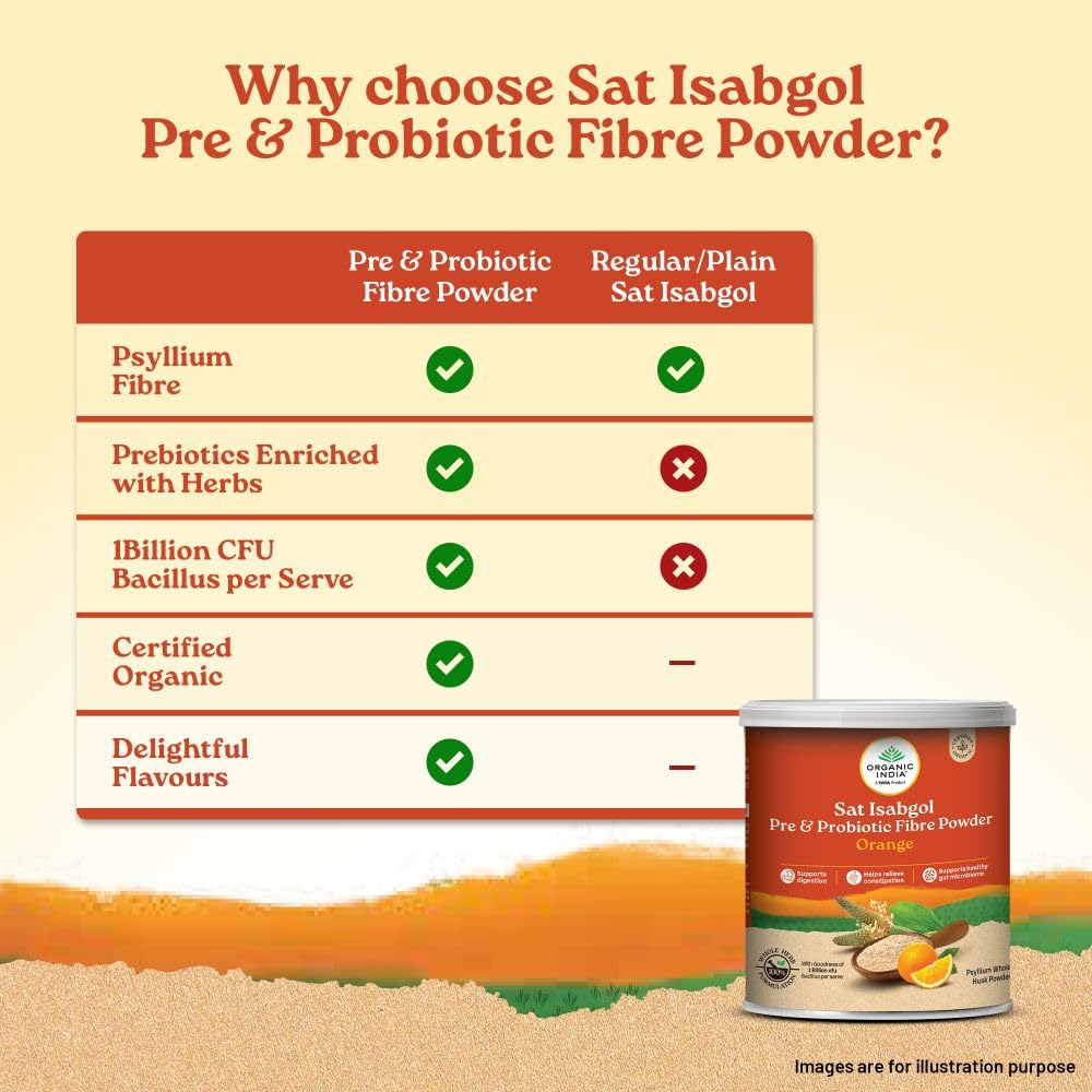 Organic India Sat Isabgol Pre & Probiotic Fibre Powder Orange 100g for Digestion and Gut Health