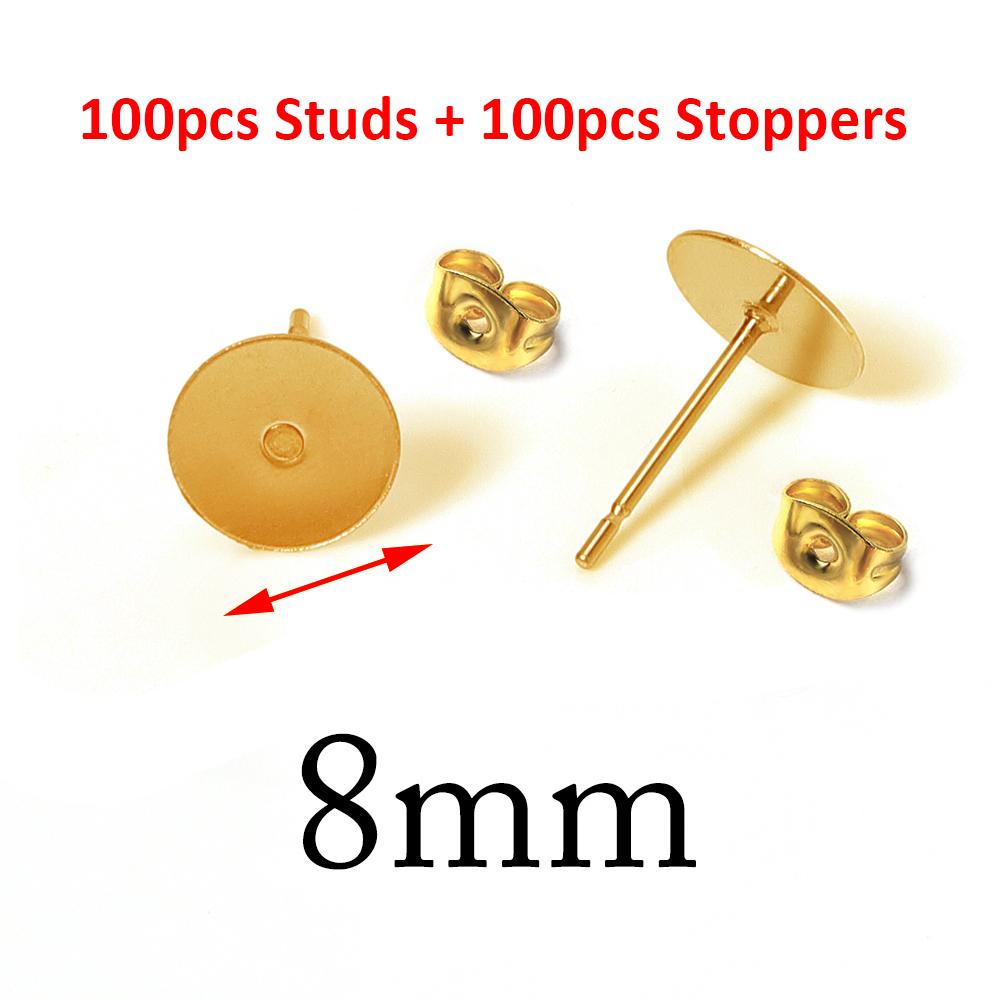 100pcs Gold Color 316L Stainless Steel Earring Studs DIY Ear Blank Post Pins 3-12mm Flat Round Tray Base Ear Jewelry Making DIY