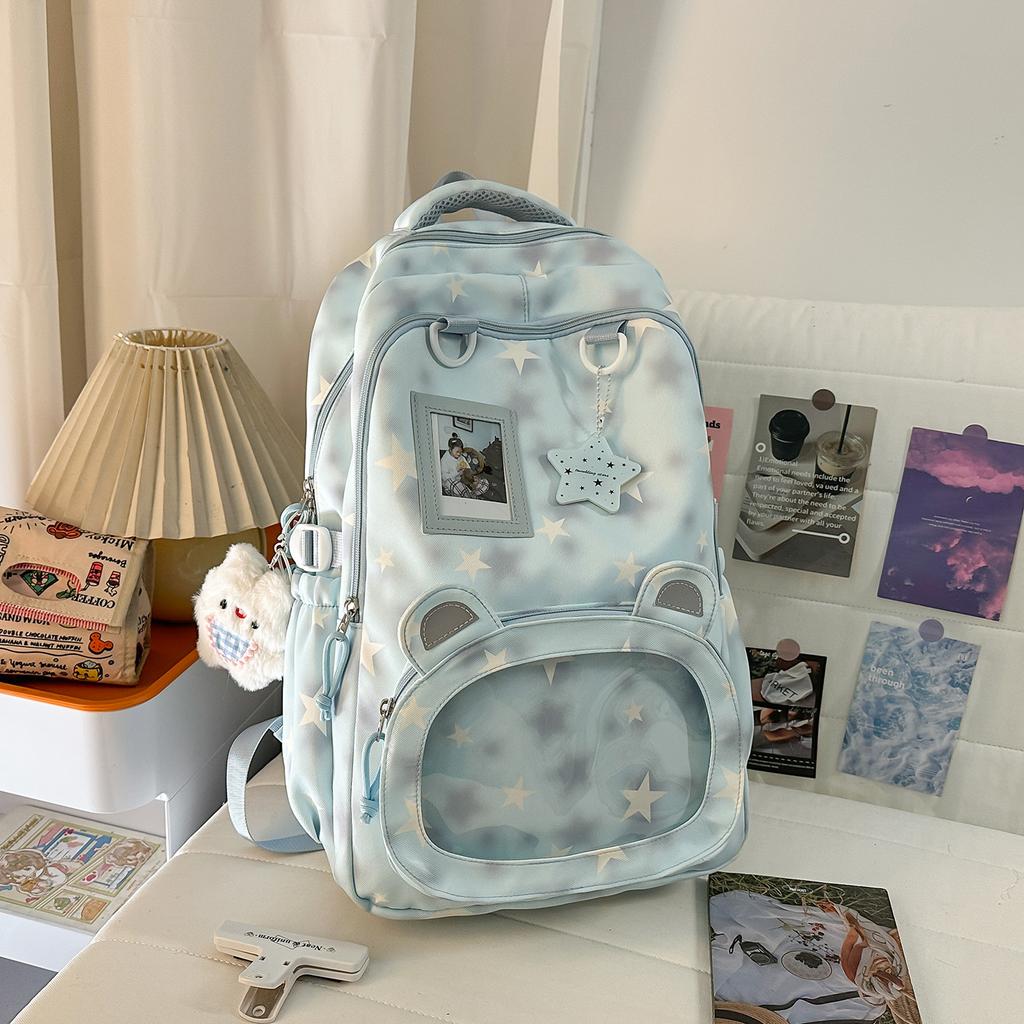 Schoolbag Korean version ins High value sweet pentagram transparent ears backpack for junior high school students large capacity class backpack