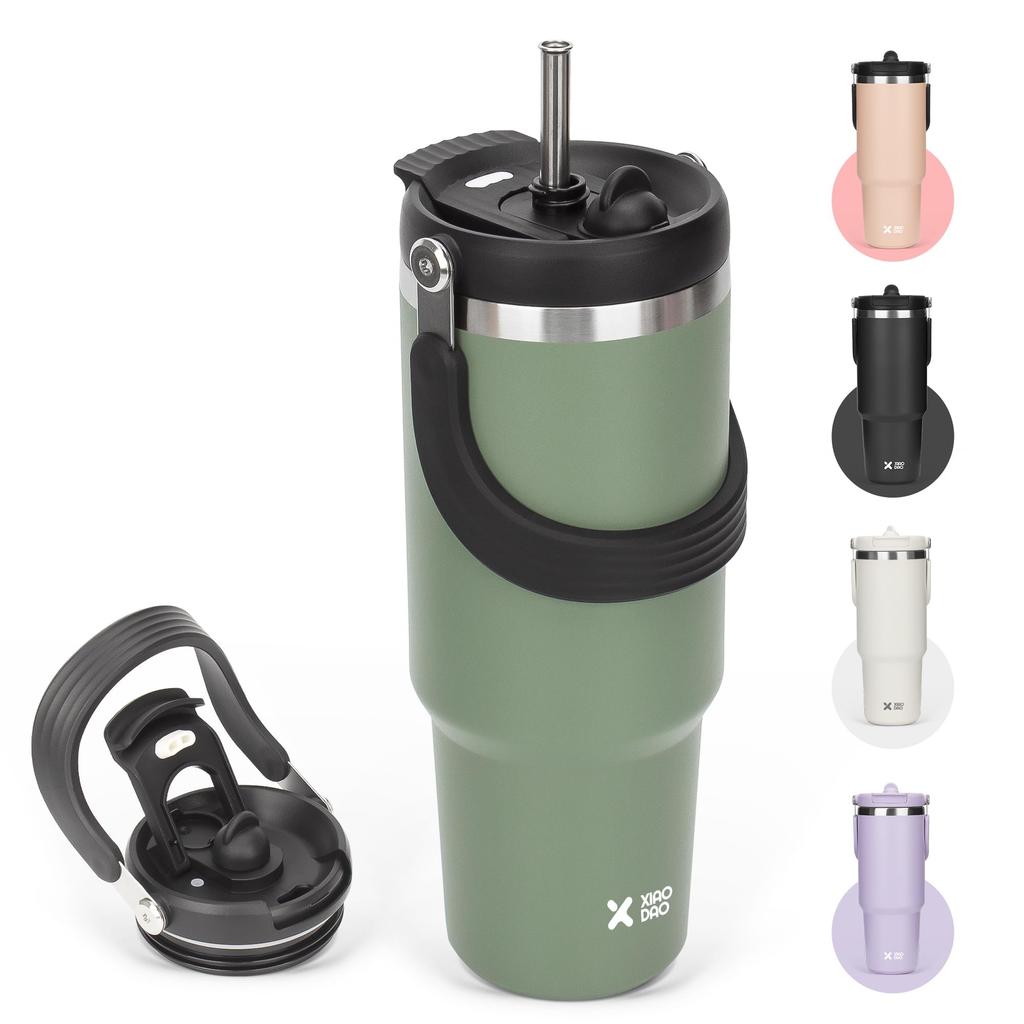 SKIASE Tumbler with 600ml Water Vacuum Keeps Hot or Wide Direct with Green Straw, Bottle, Insulated, Cold, Mouth, Drinking, Lid, Handle, Portable,
