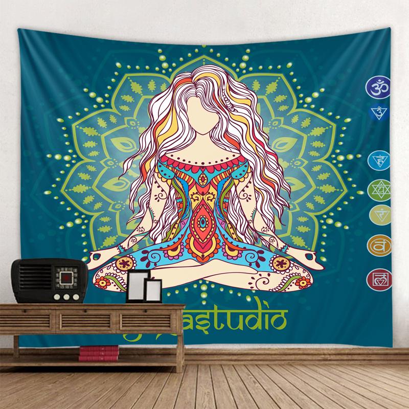 Buddha Statue Meditation 7 Chakra Tapestry Wall Hanging Psychedelic Crystal Sky Background Yoga Carpet Boho Decor