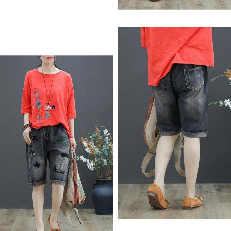 Haftowane spodenki jeansowe z elastyczną talią, damskie luźne spodnie z szerokimi nogawkami w dużych rozmiarach