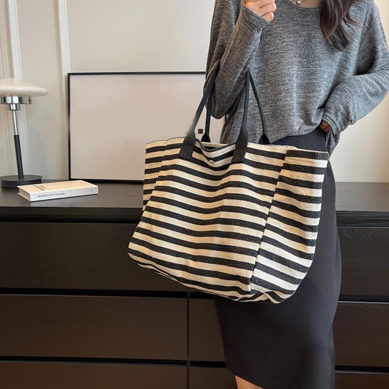 Trendy Simple Stripe Design Tote Bag For Girls Women Canvas Shoulder Bag Ladies Shopping Bags Handbags