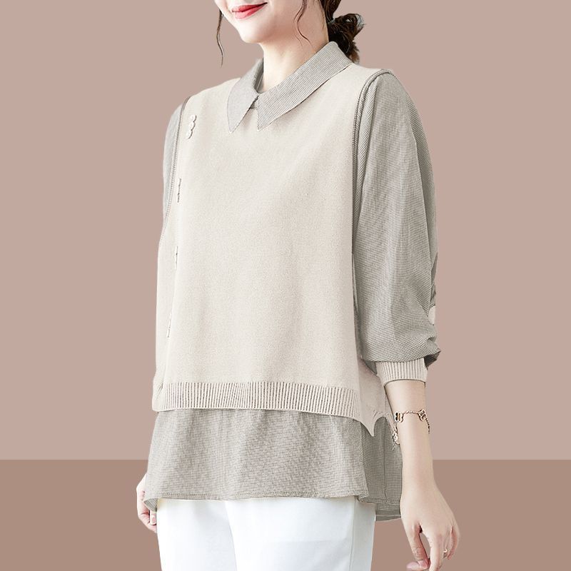 

Модный вязаный свитер с имитацией двух частей, свободная облегающая рубашка, элегантный повседневный топ на весну-осень XXL абрикосовый