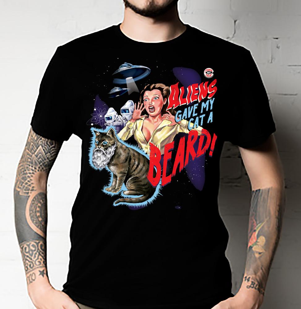 

Aliens Gave My Cat a Beard funny B movie black cotton T-shirt Tops Tee Unisex All Size L