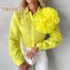 Women Shirt Lapel Long Sleeve Single Breasted Shirt Tops Solid Color Three-Dimensional Flowers Decor Rhinestones Shirt