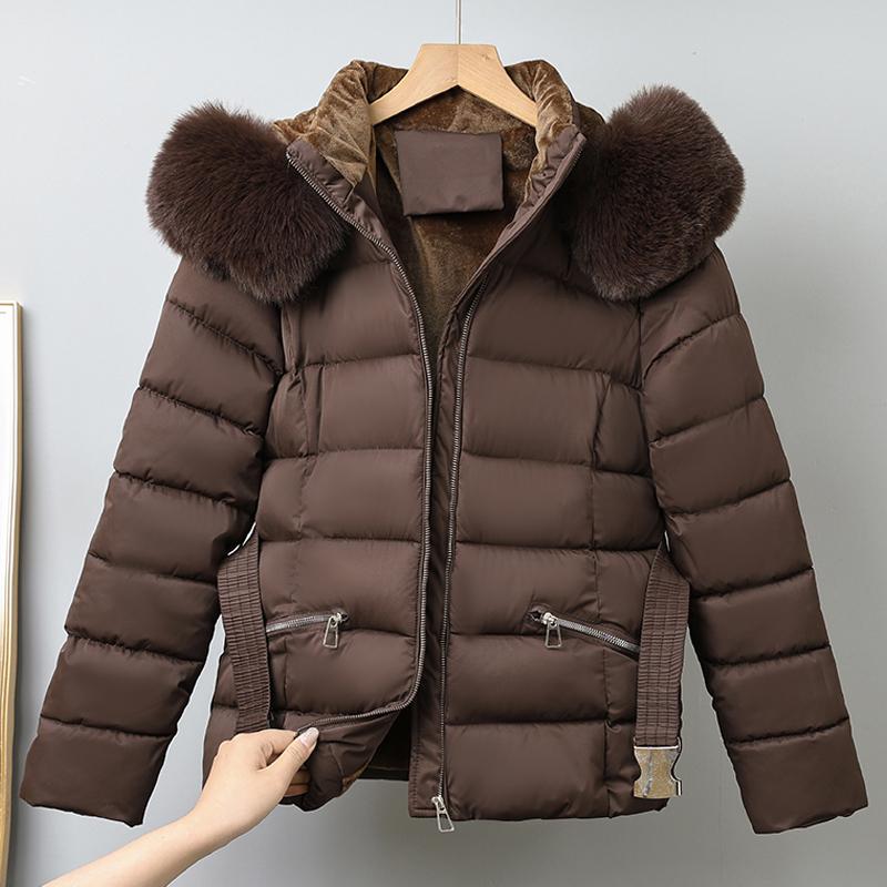 Mote Vinterkåpe Dame Parkas Hette Fuskepelskrage Tykk Varm Damejakker Med Belte