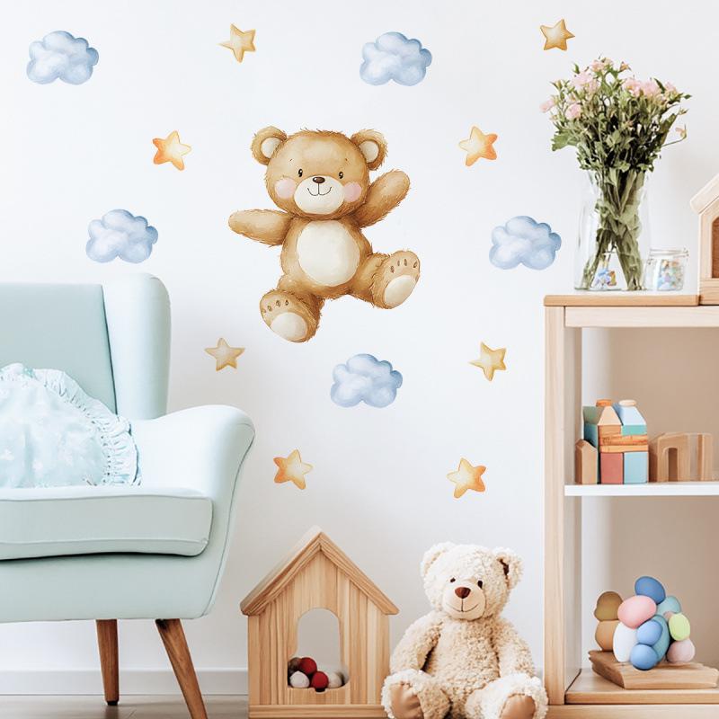 Cartoon Bear Cloud Star Wall Stickers for Kids Room Nursery Home Decor Self Adhesive Removable Wall Decals