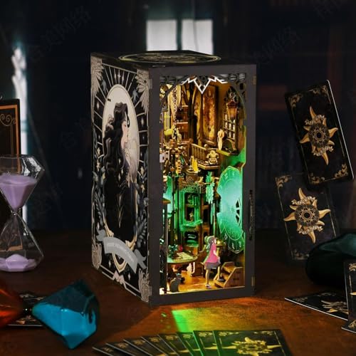 Book Nook Kit for Adults, DIY Miniature Dollhouse Bookshelf Decoration with Dustproof Cover, Bookends, 3D Wooden Puzzle, Motion Sensor, and Built-in L