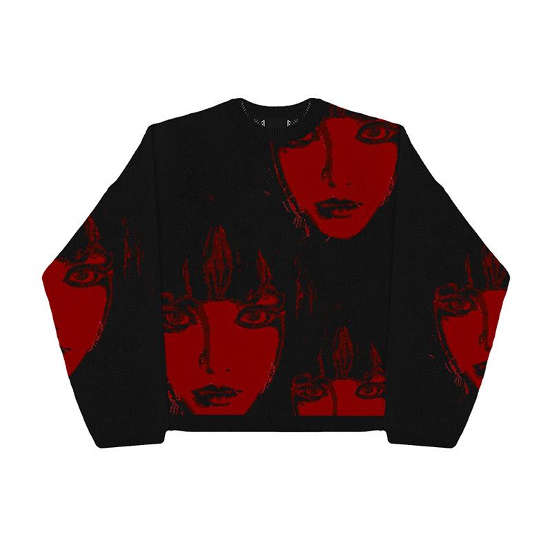 Unisex Hip Hop Streetwear Knitted Sweater Men Gothic Portrait Print Pullover Autumn Harajuku Sweater Women Oversized Sweater