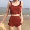 Conservative Knit Bikini Set Ruffle Trim Push Up High Waisted Boy Short Tummy Control Slimming Student Summer Beach Hot Spring Bathing Suit Swimwear