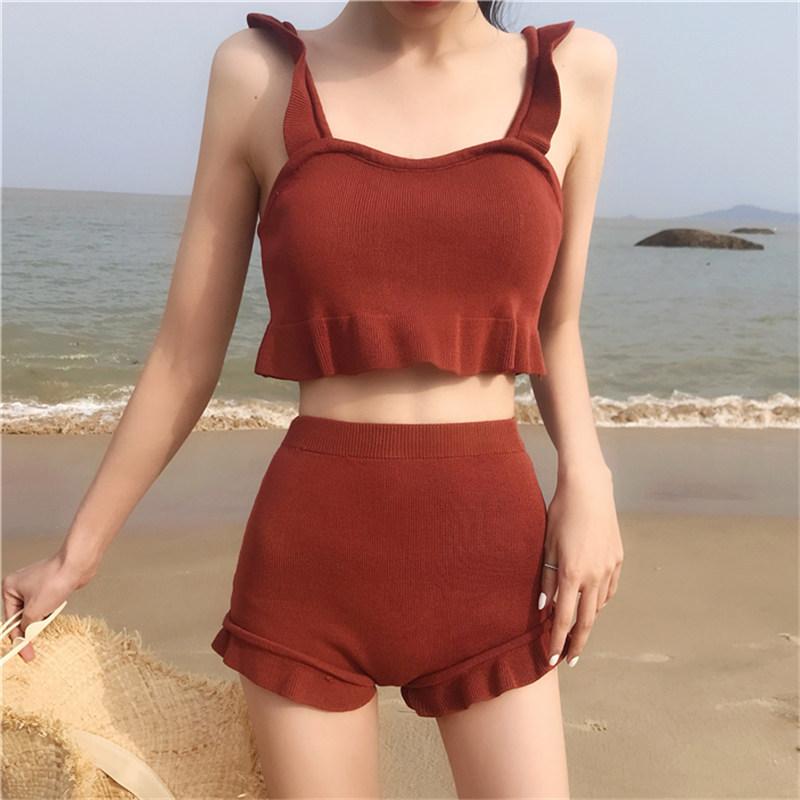 Conservative Knit Bikini Set Ruffle Trim Push Up High Waisted Boy Short Tummy Control Slimming Student Summer Beach Hot Spring Bathing Suit Swimwear