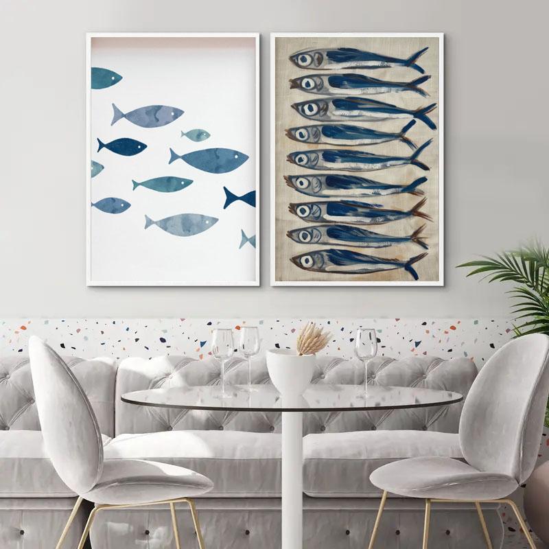 1pc Aesthetic Coastal Canvas Wall Art Seaside Beach Birds Fish House Decor Modern Ocean Waves Minimalist Print Vintage Poster