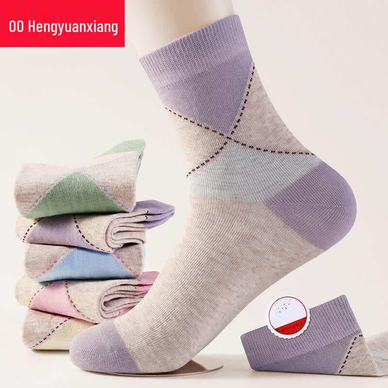 Hengyuanxiang Women's Mixed Color Cotton Mid-Calf Socks, 5 Pairs