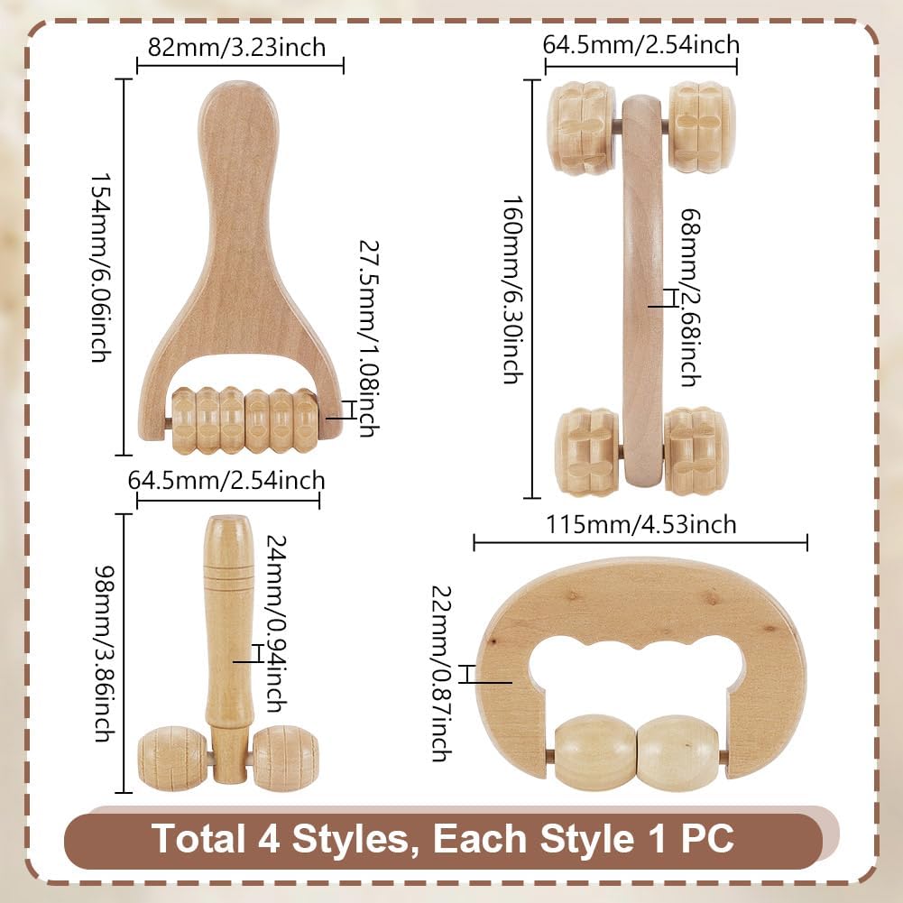 AHANDMAKER 4Pcs Massage Tool Set 4 Styles Wooden Gua Sha Tool, T-Shape Massage Roller, Therapy Trigger Point Massage Tool for Body, Face, Shoulder,