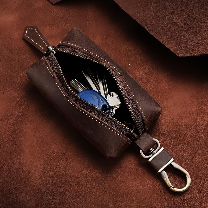 Large Capacity Leather Key Bag, Retro First-layer Cowhide Key, Leather Case, Zipper Buckle, Genuine Leather Key Bag.