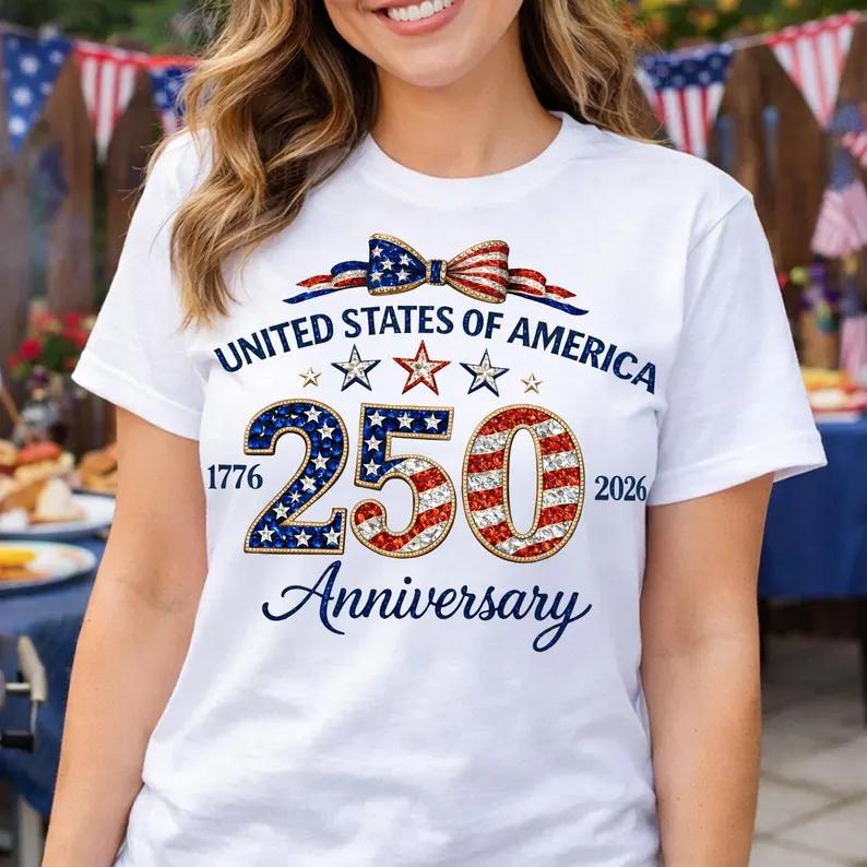 America 250 Shirt for Women 1776 2026 Patriotic Tee Fourth of July Sparkle USA Anniversary Shirts