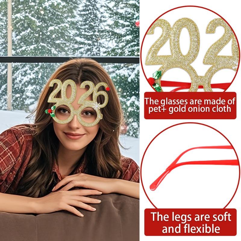 2026 Christmas Glasses with Creative Numbers - Funny Holiday Party Decor & New Year Photo Props Glitter Plastic Eyewear Frames