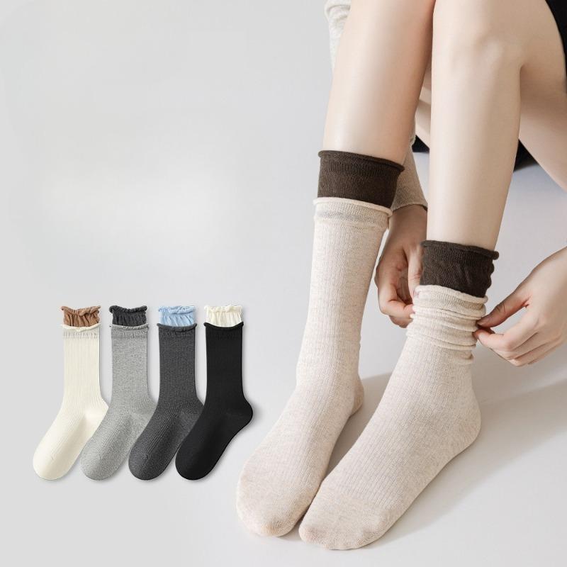 Female Spring and Autumn Double Mouth Roll Edge Long Tube Stack Socks