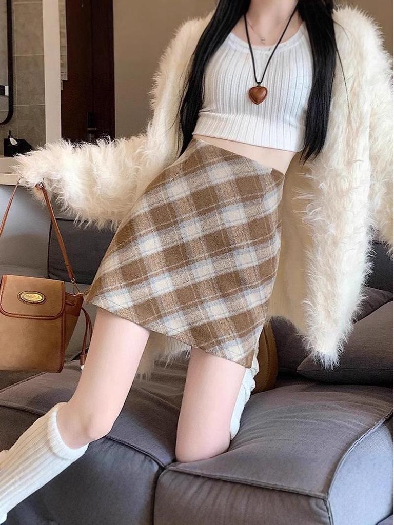 Korean Style Retro Plaid High-Waist Wool A-Line Skirt for Women - 2024 Autumn/Winter Collection