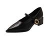 Hochwertige Leder Mary Janes - Französische Vintage Spitz zulaufende Pumps klobiger Absatz Einzelner Riemen Schuhe Schnallen-Dekor