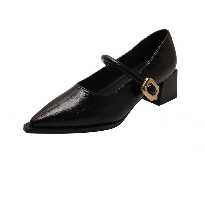 Hochwertige Leder Mary Janes - Französische Vintage Spitz zulaufende Pumps klobiger Absatz Einzelner Riemen Schuhe Schnallen-Dekor