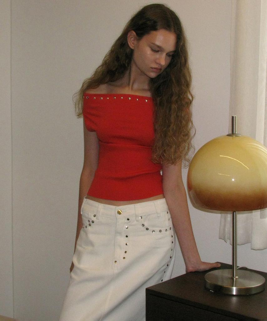 Partimento Woman Studded Denim Maxi Skirt_White