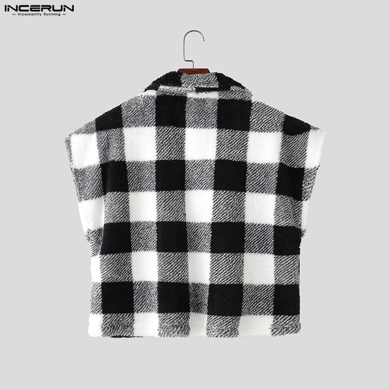 INCERUN Men Sleeveless Plaid Check Furry Casual Loose Cropped Waistcoat Vest