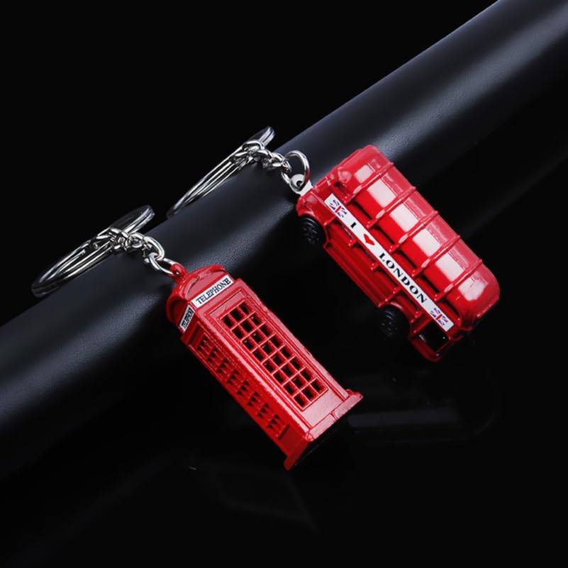 YARDWE London Keychains, Set of 10, British Souvenirs, Double-Decker Bus and Telephone Booth Designs, Red, Retro Antique Keyrings, Alloy, British