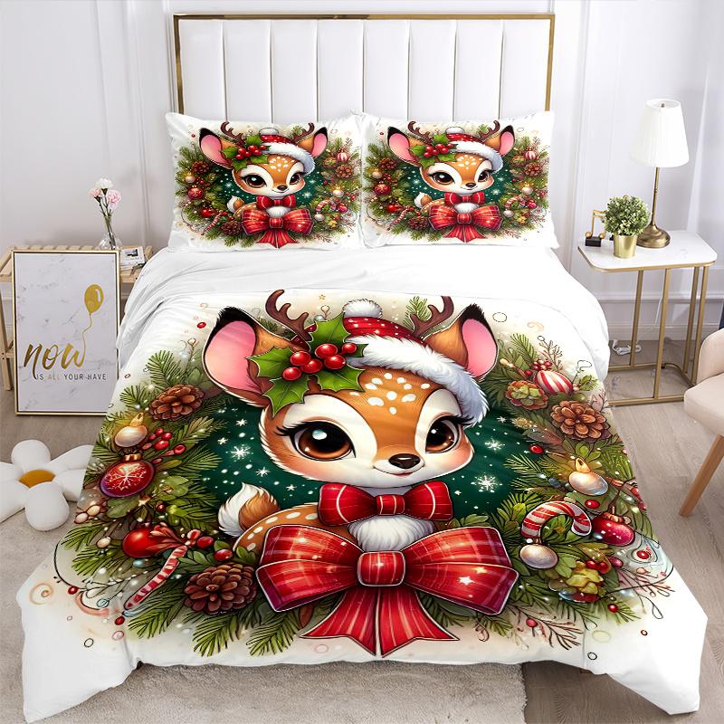 3pcs Christmas Plum Deer Bedding Set - Includes 1 Quilt Cover and 2 Pillowcases, Comfortable Bedding with Stylish Design for Bedroom, Machine Was