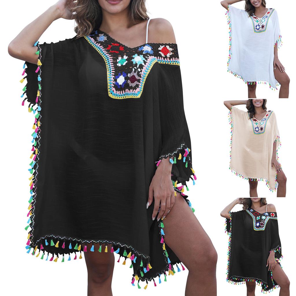 Women's Vacation Sunscreen Hand Crocheted Floral Patchwork Split V-Neck Blouse