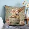 Easter Teacup Bunny Pillow Cover Vintage Floral Rose Print Soft Cozy For Sofa Bed Living Room Spring Decor Cute Gifts