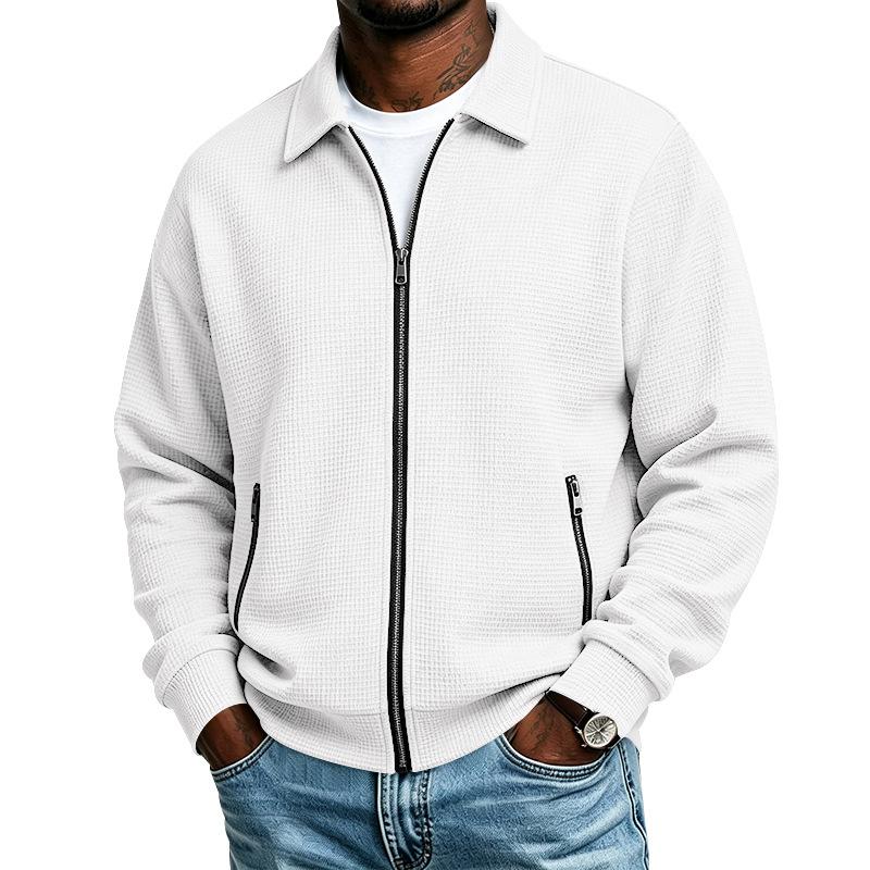 Men's Waffle Knit Full Zip Jacket Lapel Collar Long Sleeve Casual Lightweight Coat with Zipper Pockets for Spring and Fall Daily Wear