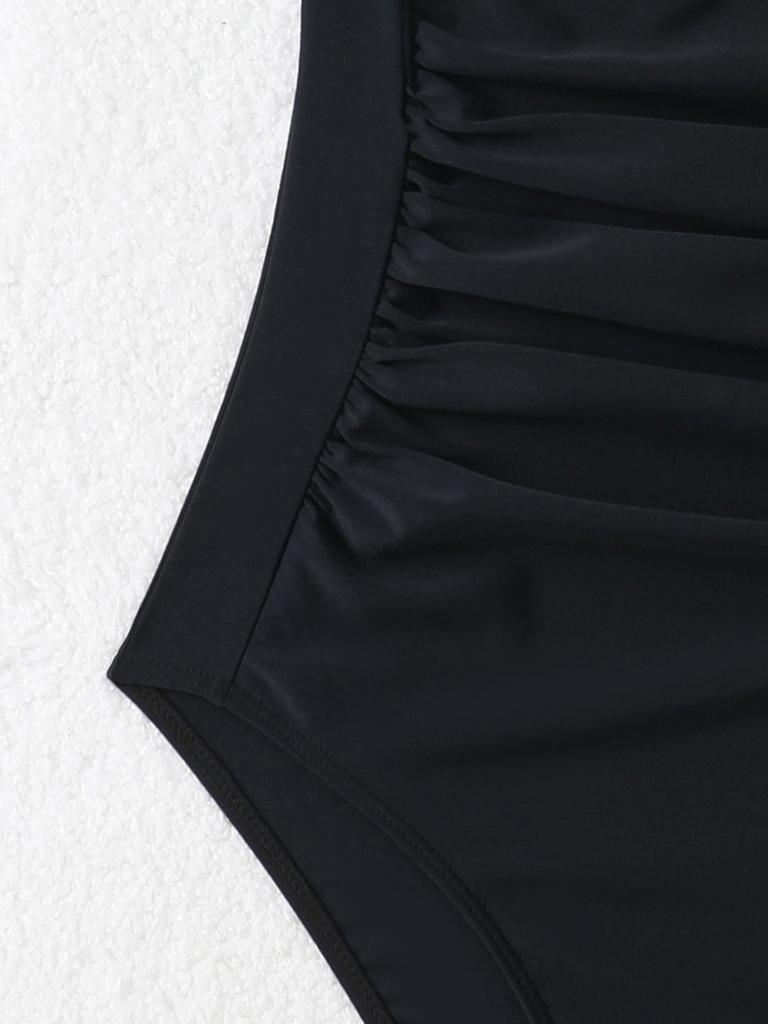Charming Solid Color Halter Pleated Backless Tummy Control Bikini Swimsuit For Beach