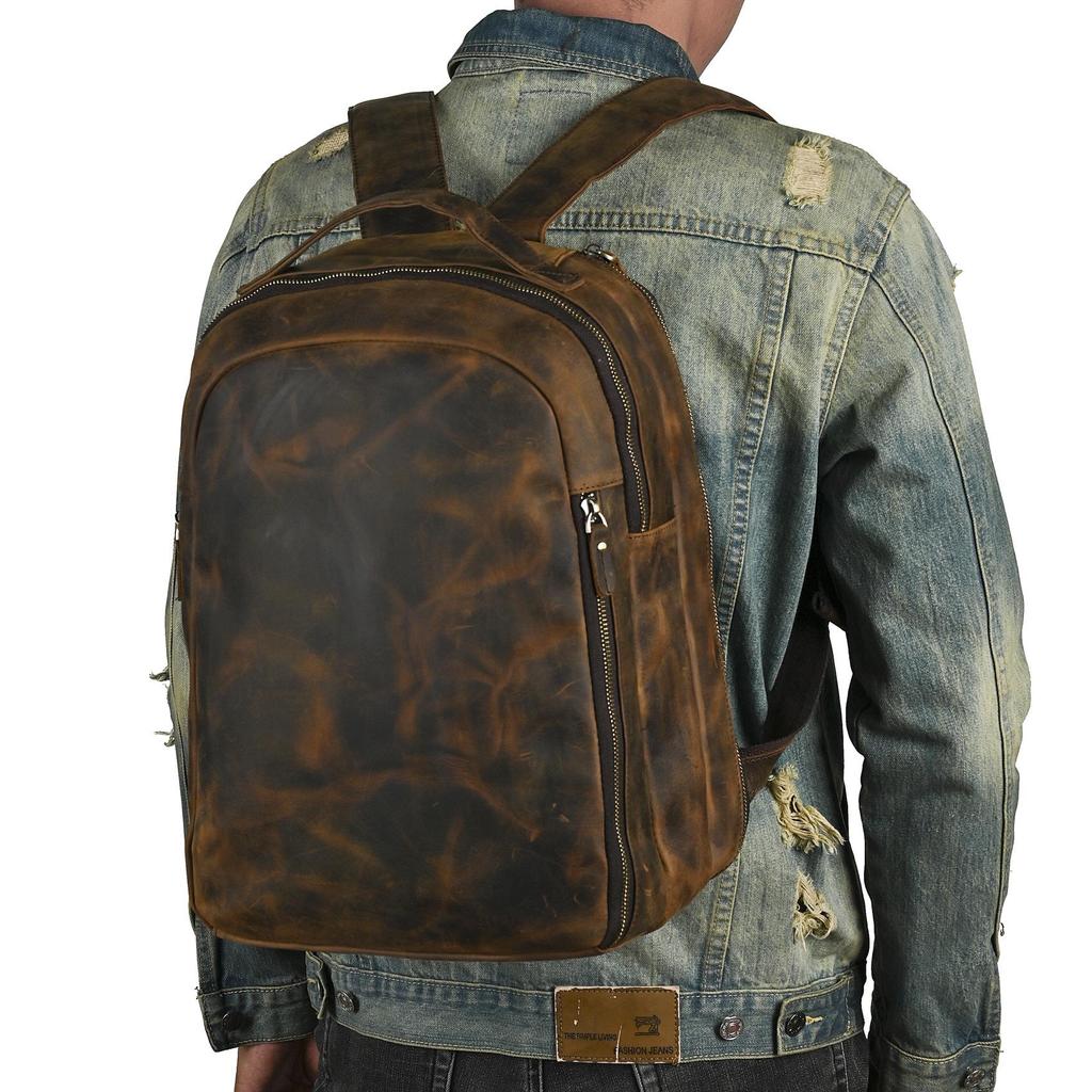 Crazy Horse Leather 14-Inch Retro Men's Backpack Laptop Bag