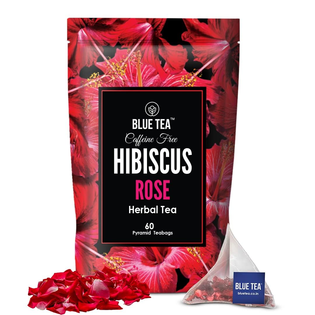 

BLUE TEA - Hibiscus Rose Tea - 60 Tea Bags - Plant Based || SKIN GLOW ENHANCING TEA || Caffeine Free - Flower Based - Tangy Flavor - Vegan