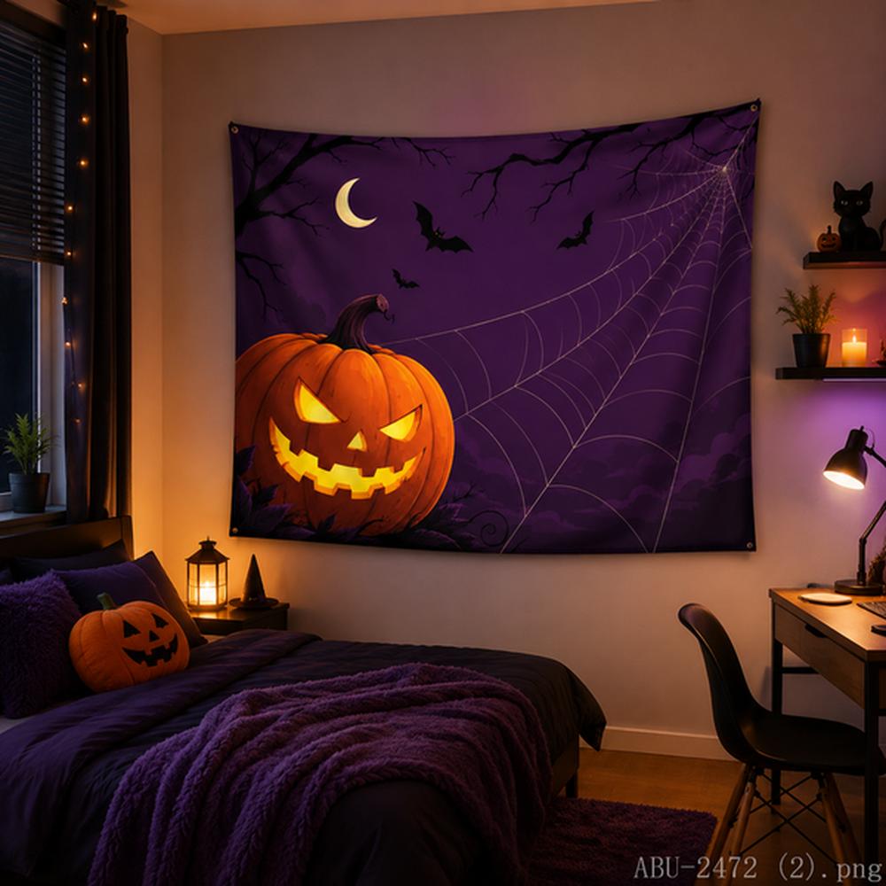 Purple Halloween Tapestry – Lit Pumpkin, Crescent Moon, Spiderweb Design, Flying Bats, Room Decor